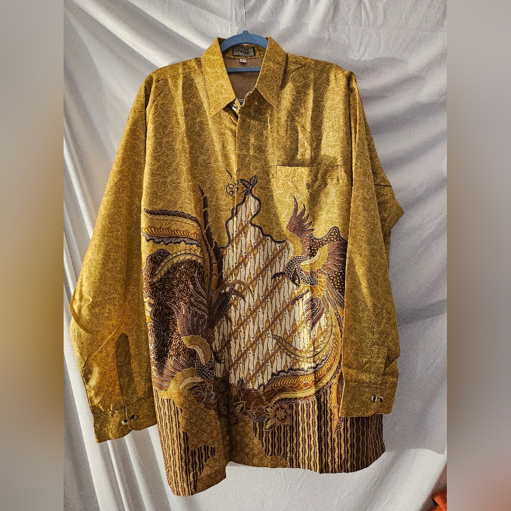 Mens Batik Long Sleeve Shirt,gold,‎ large, Phoenix, Peacock